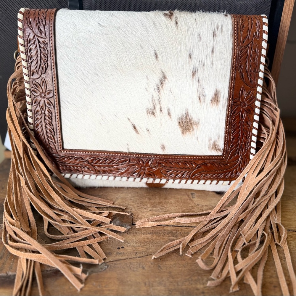 THE BRITTANY CROSSBODY American Bison Fringed Leather and Cowhide Clutch
